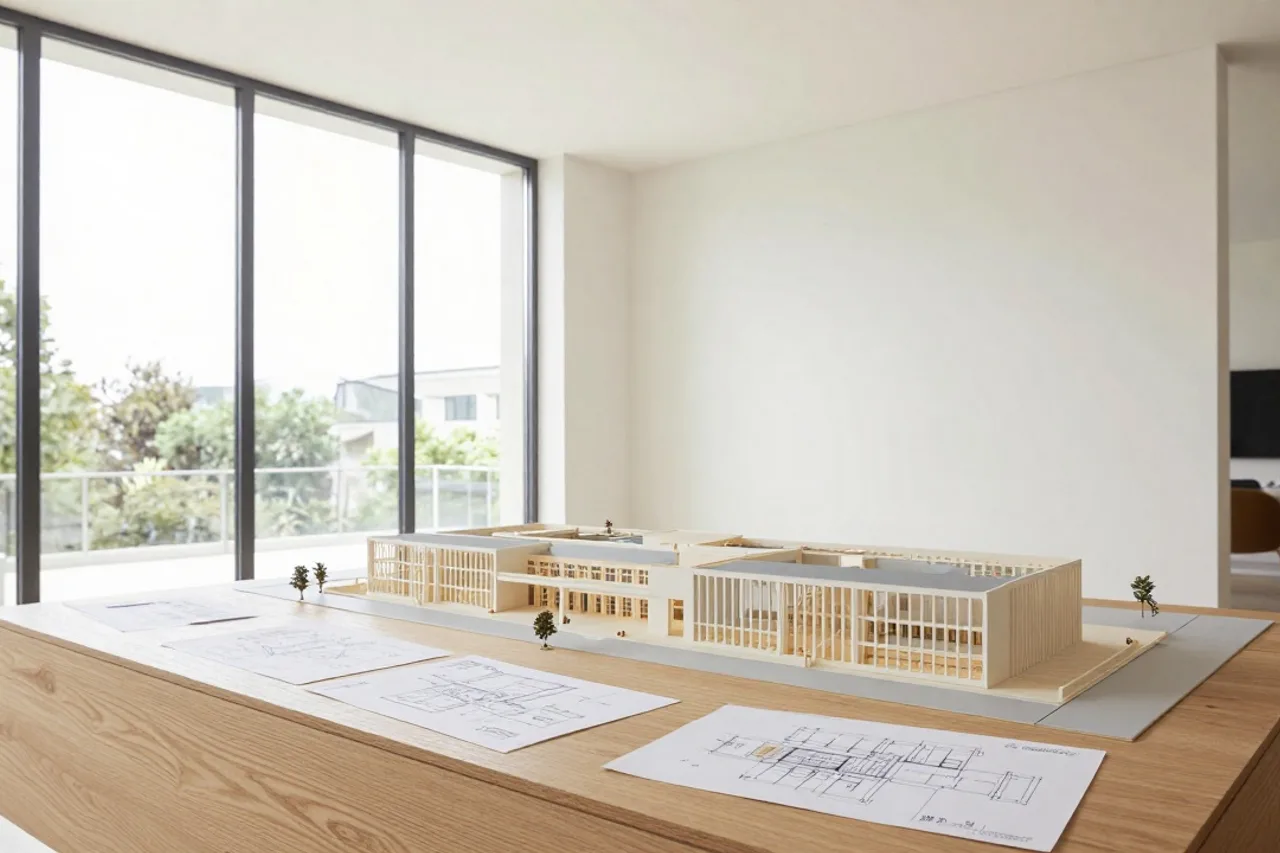 Maquette d'architecture et plans d'étude sur table de travail