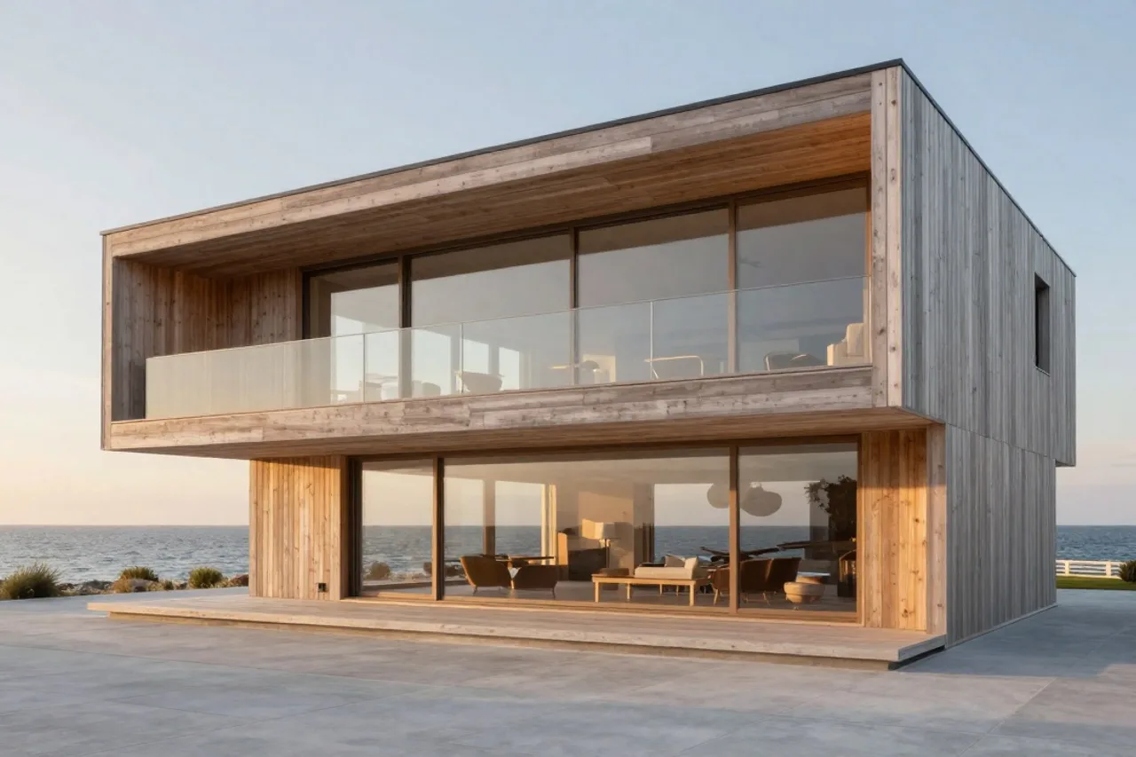 Maison contemporaine en bois face au littoral, baies vitrées ouvertes sur le couchant