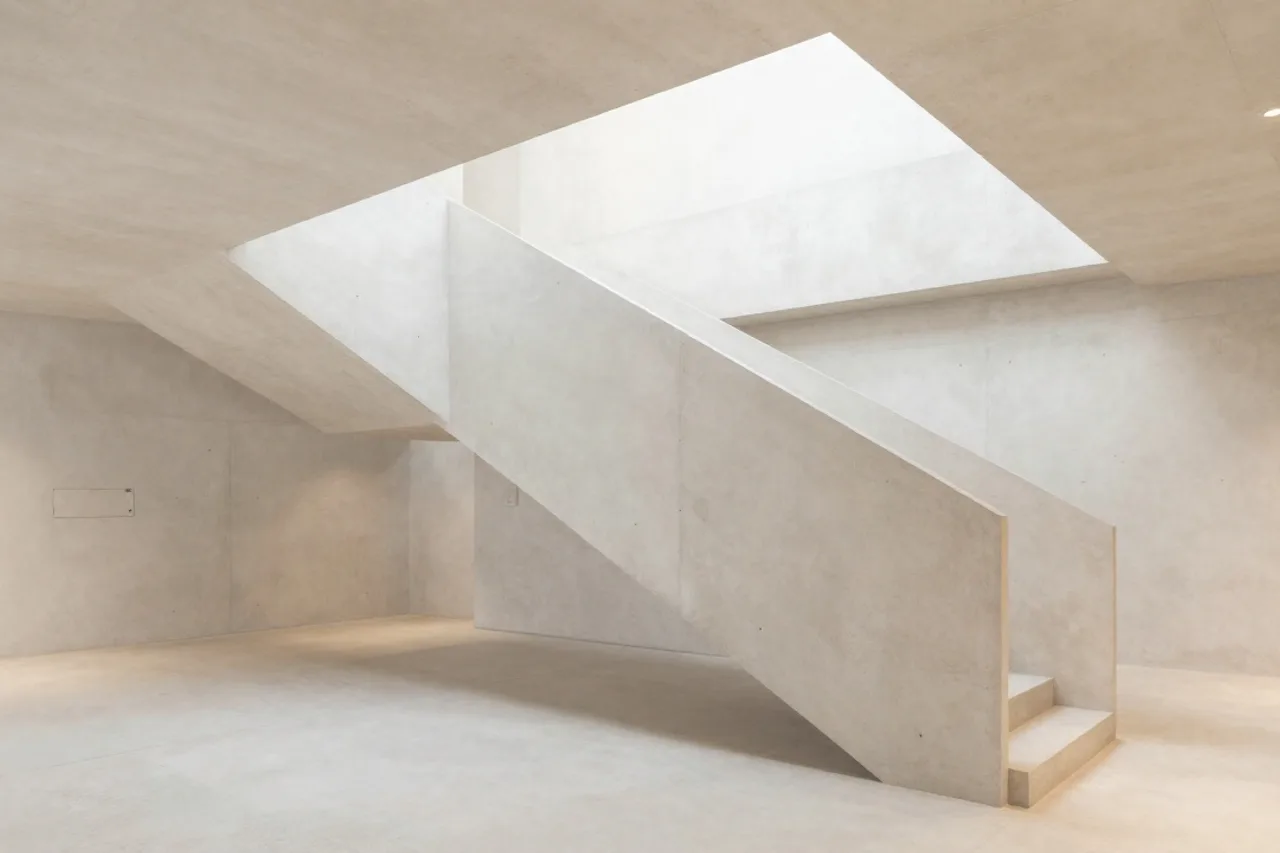Escalier minimaliste en béton baigné de lumière chaude, détail d'architecture intérieure
