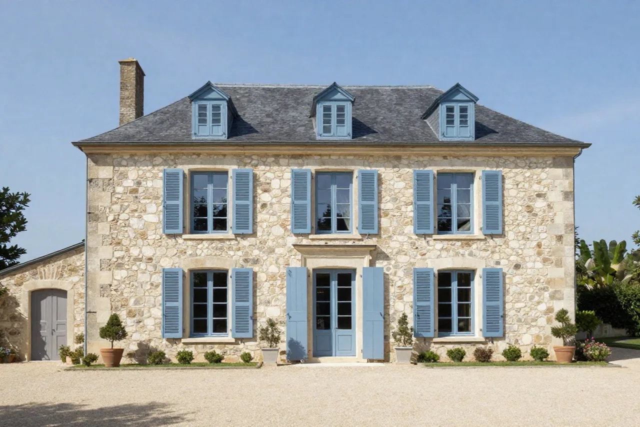 Longère restaurée dans la campagne, façade en pierre et volets bleus patinés