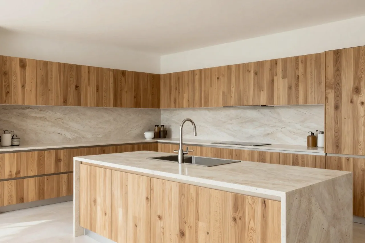 Cuisine minimaliste en chêne et pierre, lumière naturelle douce