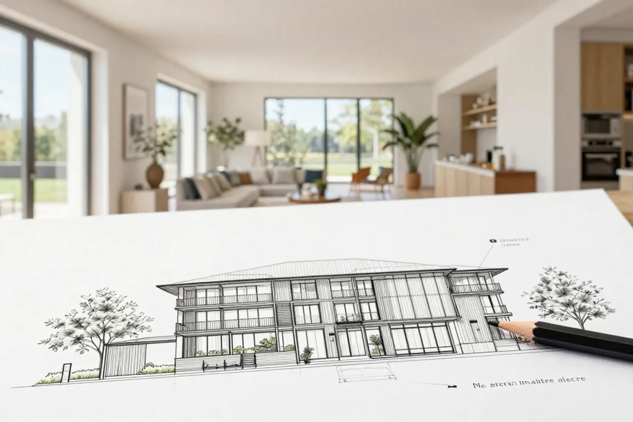 Dessin d'architecture au crayon, élévation d'un projet sur papier