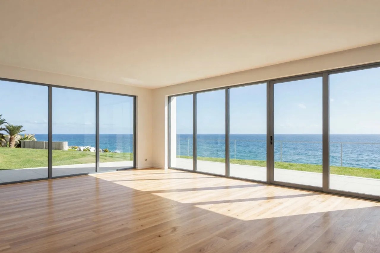 Pièce de vie ouverte sur l'océan par une grande baie vitrée, sol en bois clair